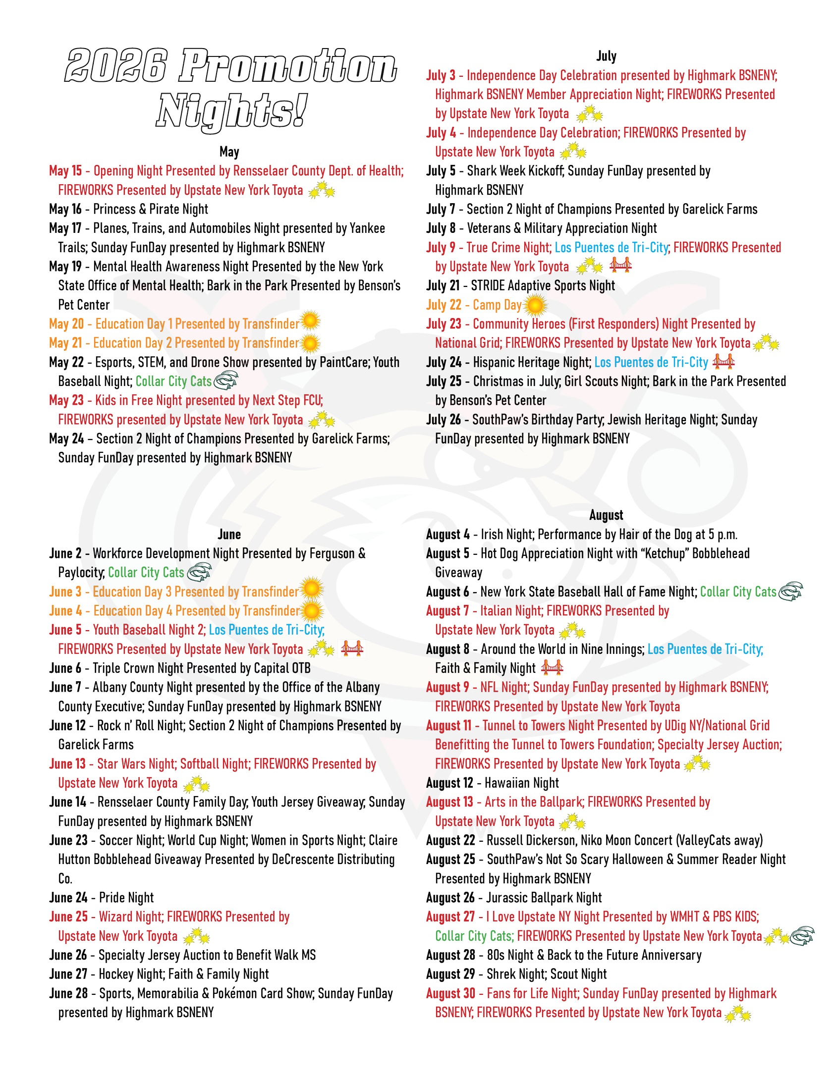 2026 ValleyCats Promotional Schedule